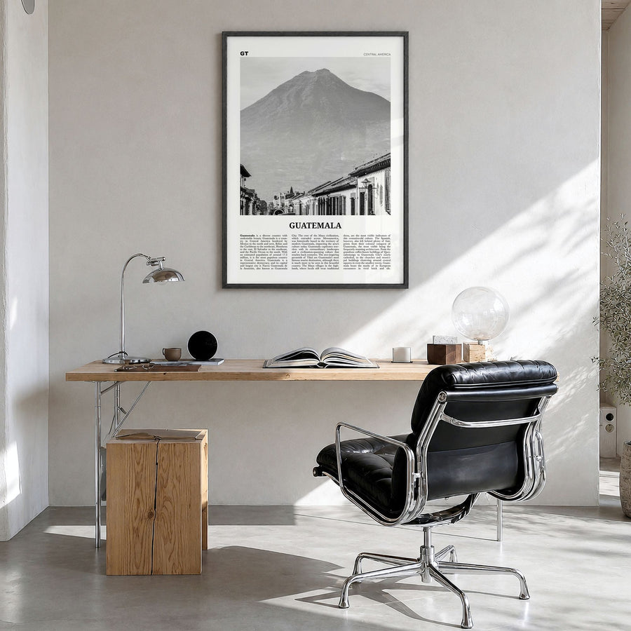 Guatemala Newspaper No 1 Poster in a black wood frame, hanging in a bright home office