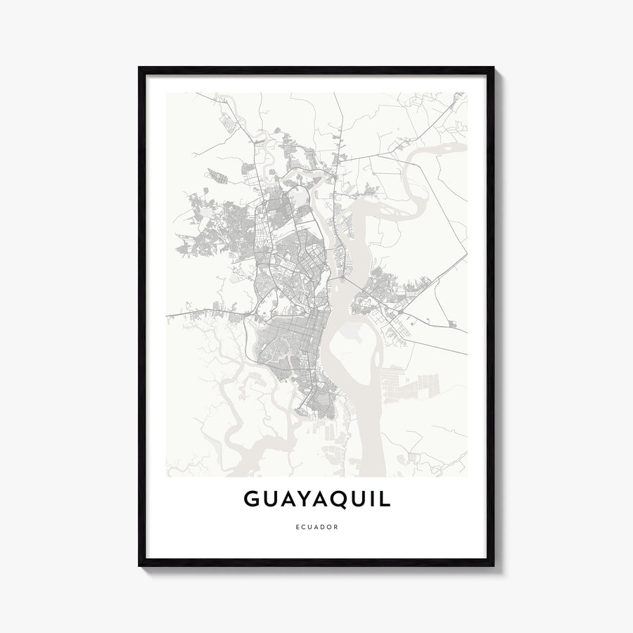 Guayaquil black & white map poster of Ecuador – vertical wall art, unframed print shown in interior mockup