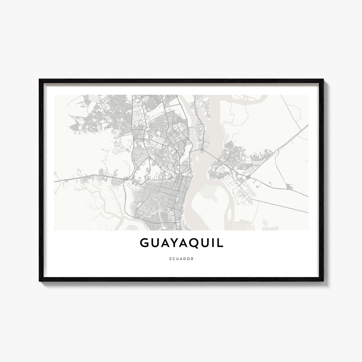 Guayaquil black & white map poster of Ecuador – horizontal wall art, unframed print shown in interior mockup