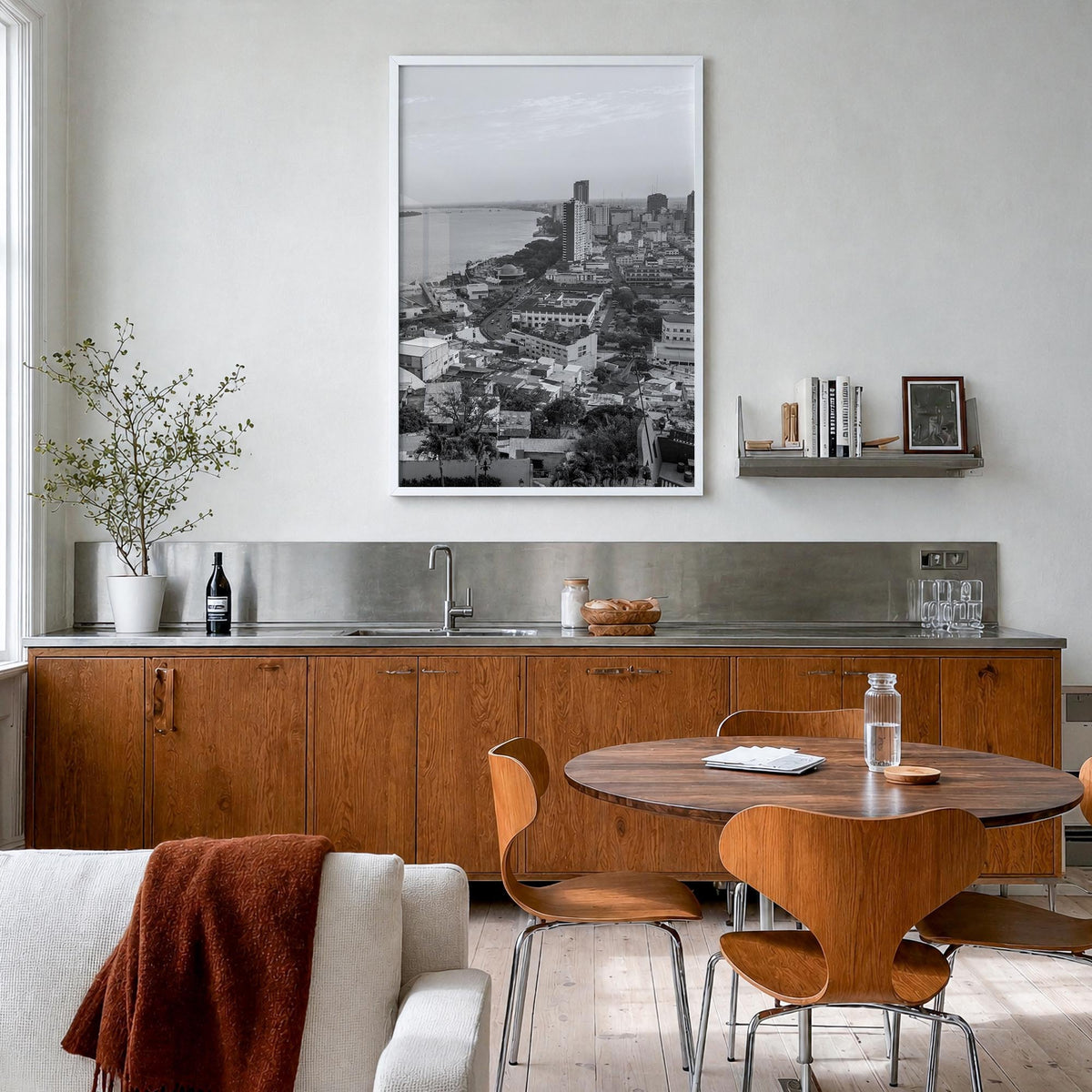 Guayaquil black & white photo poster of Ecuador – vertical wall art in white wood frame, hanging on wall