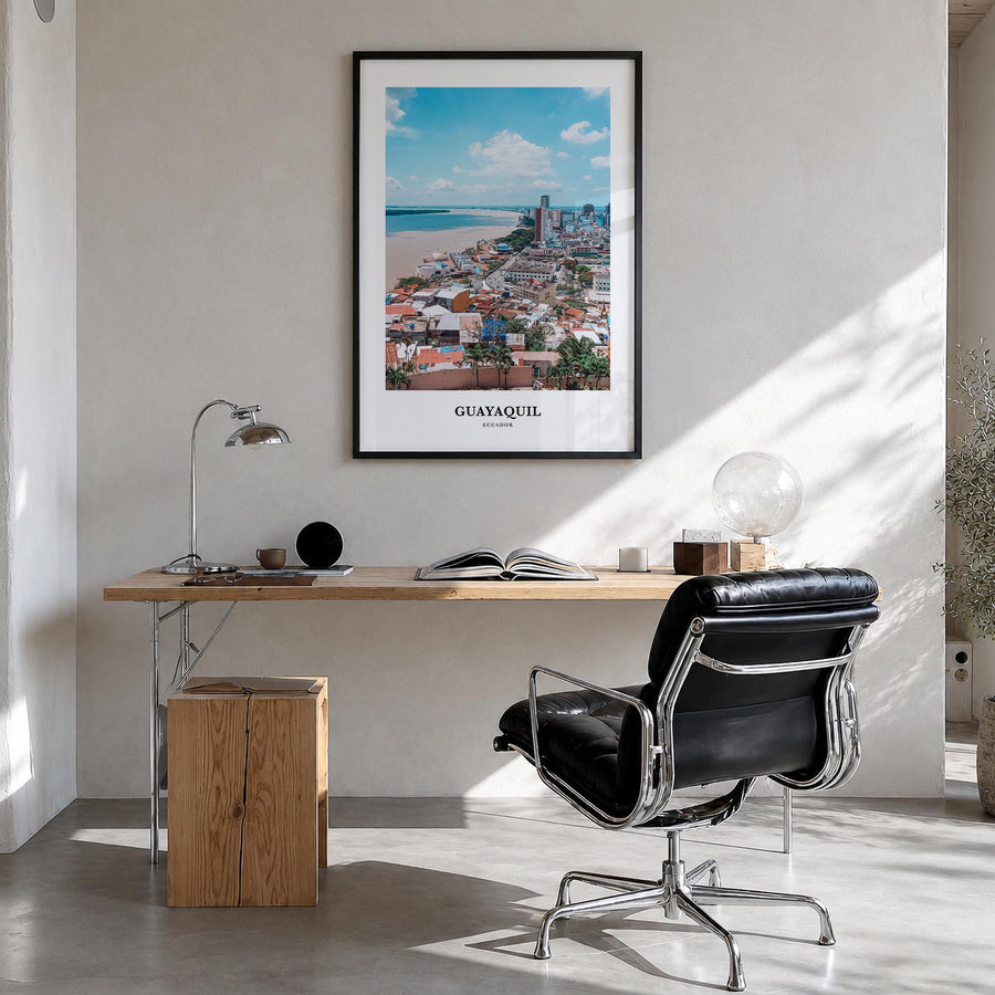 Guayaquil colorful classic poster of Ecuador – vertical wall art in black wood frame, hanging on wall