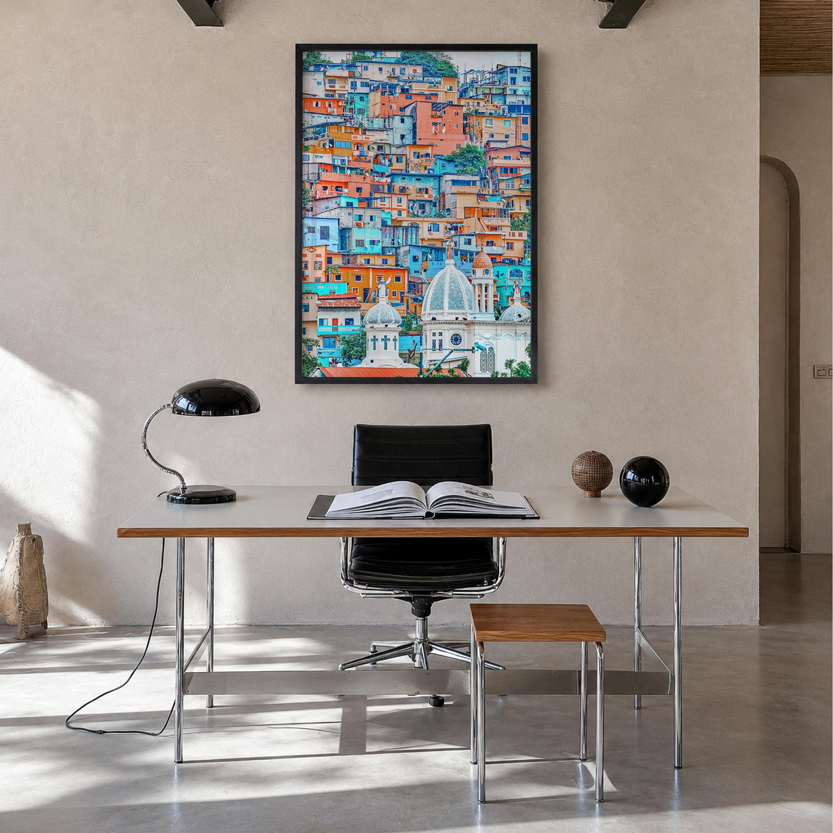 Guayaquil colorful photo poster of Ecuador – vertical wall art in black wood frame, hanging on wall