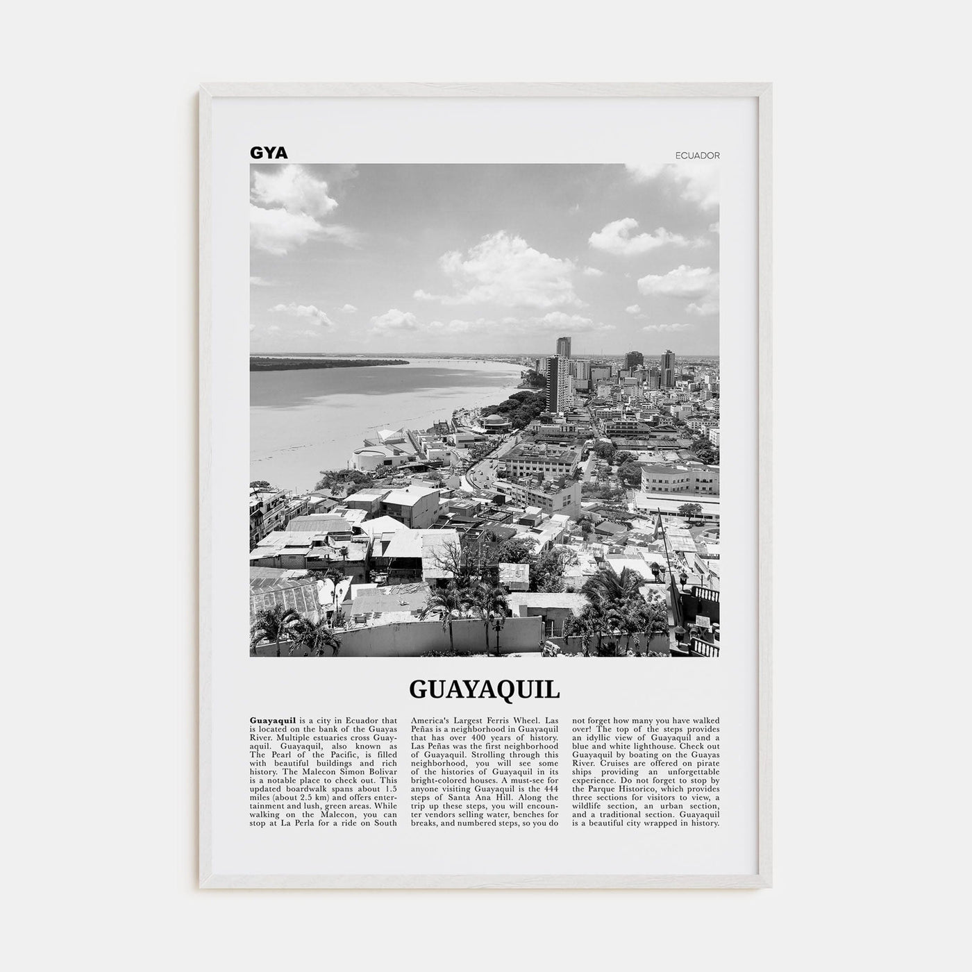 Guayaquil Poster White Wood / 8x12 in Nbourhood Travel B&W Poster