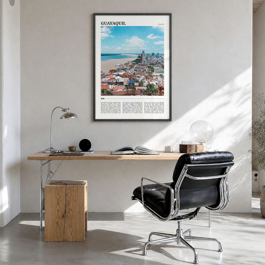 Guayaquil Travel Poster in a black wood frame, hanging in a bright home office