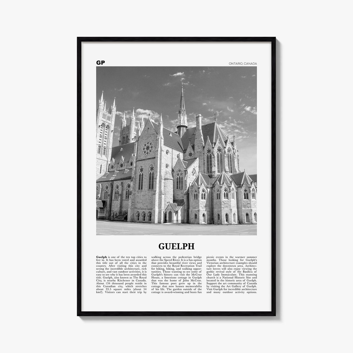 Guelph black & white newspaper poster of Canada – vertical wall art, unframed print shown in interior mockup