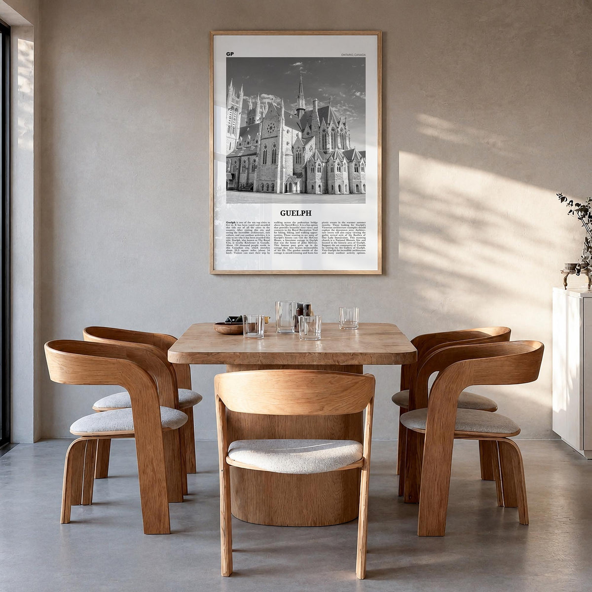 Guelph black & white newspaper poster of Canada – vertical wall art in natural wood frame, hanging on wall