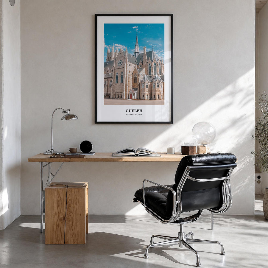 Guelph colorful classic poster of Canada – vertical wall art in black wood frame, hanging on wall