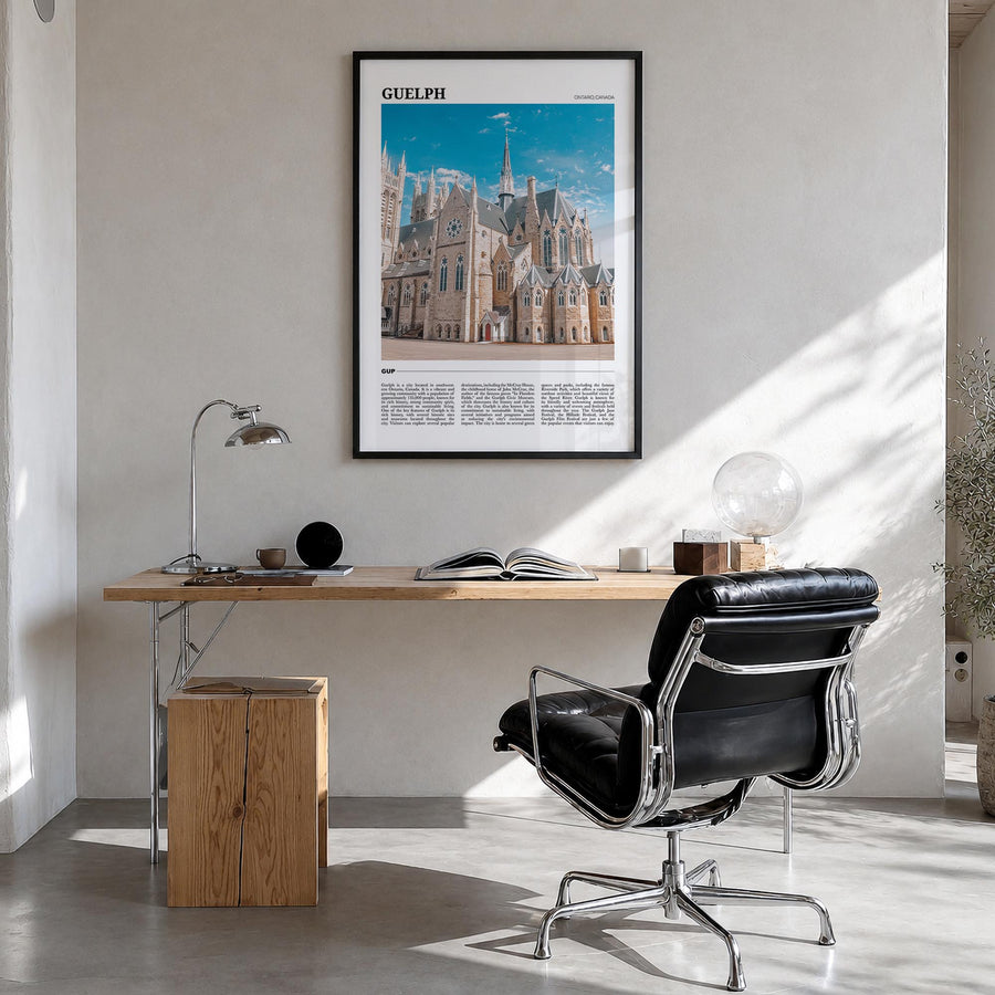 Guelph colorful travel poster of Canada – vertical wall art in black wood frame, hanging on wall