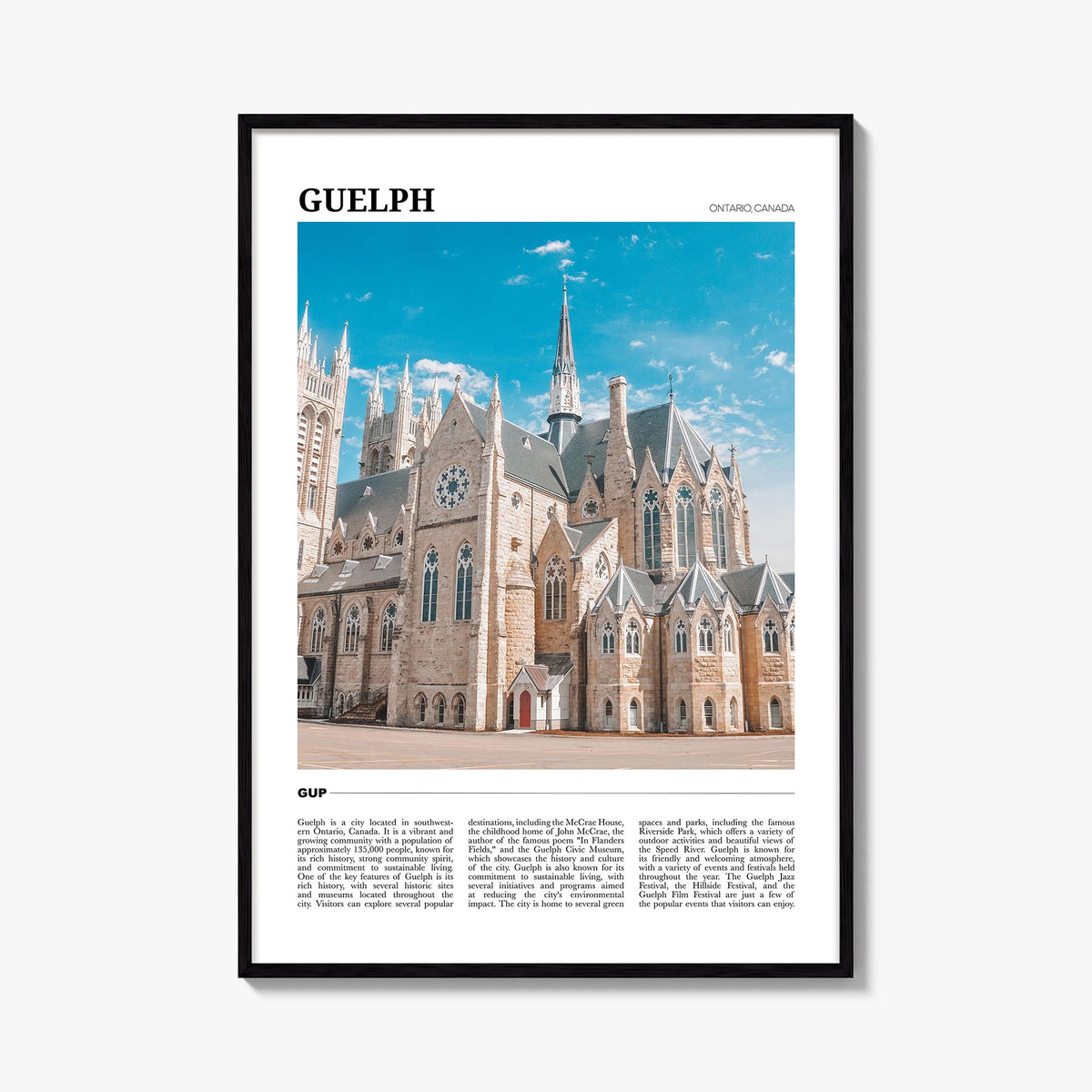 Guelph colorful travel poster of Canada – vertical wall art, unframed print shown in interior mockup