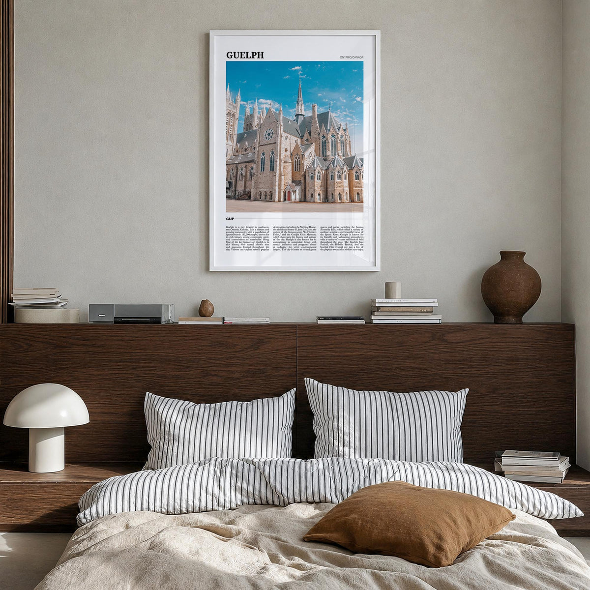 Guelph colorful travel poster of Canada – vertical wall art in white wood frame, hanging on wall