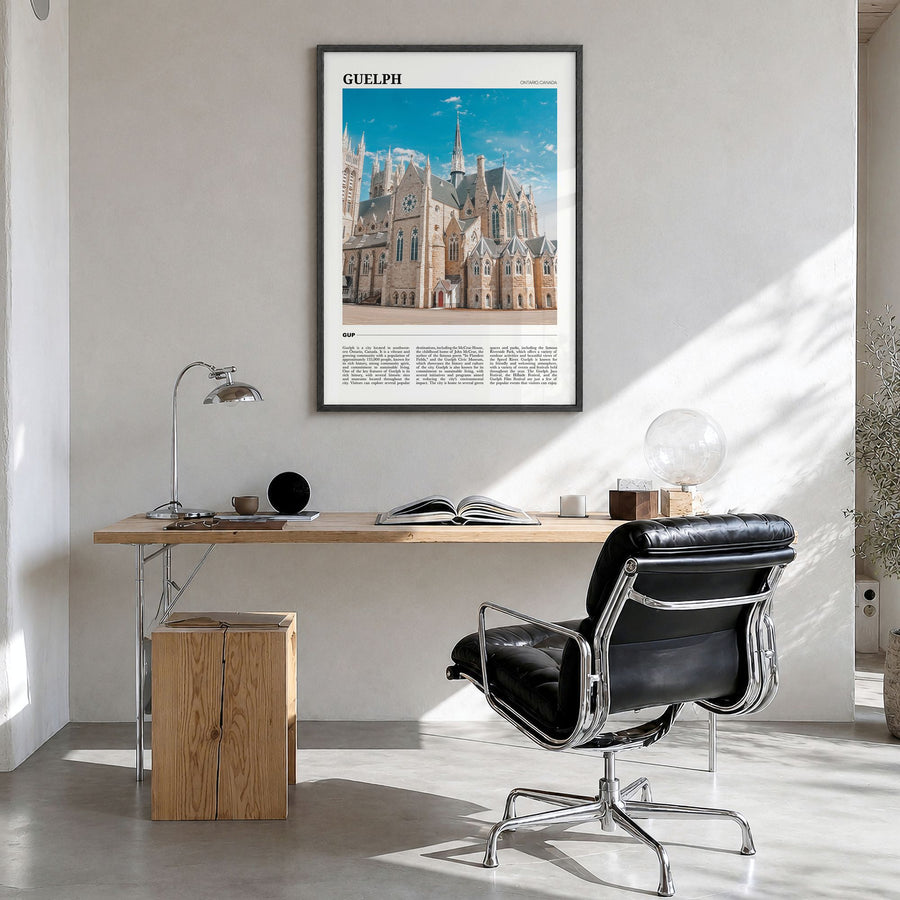 Guelph Travel Poster in a black wood frame, hanging in a bright home office