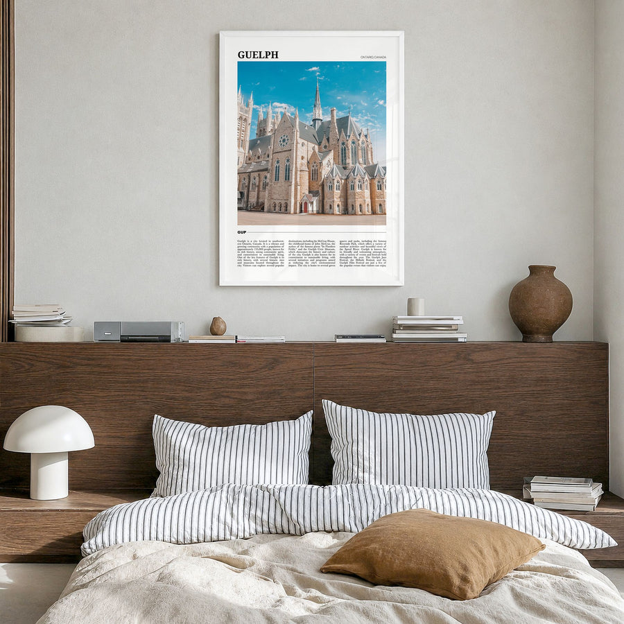 Guelph Travel Poster in a white wood frame, hanging in a bedroom