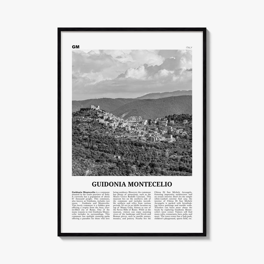 Guidonia Montecelio black & white newspaper poster of Italy – vertical wall art, unframed print shown in interior mockup