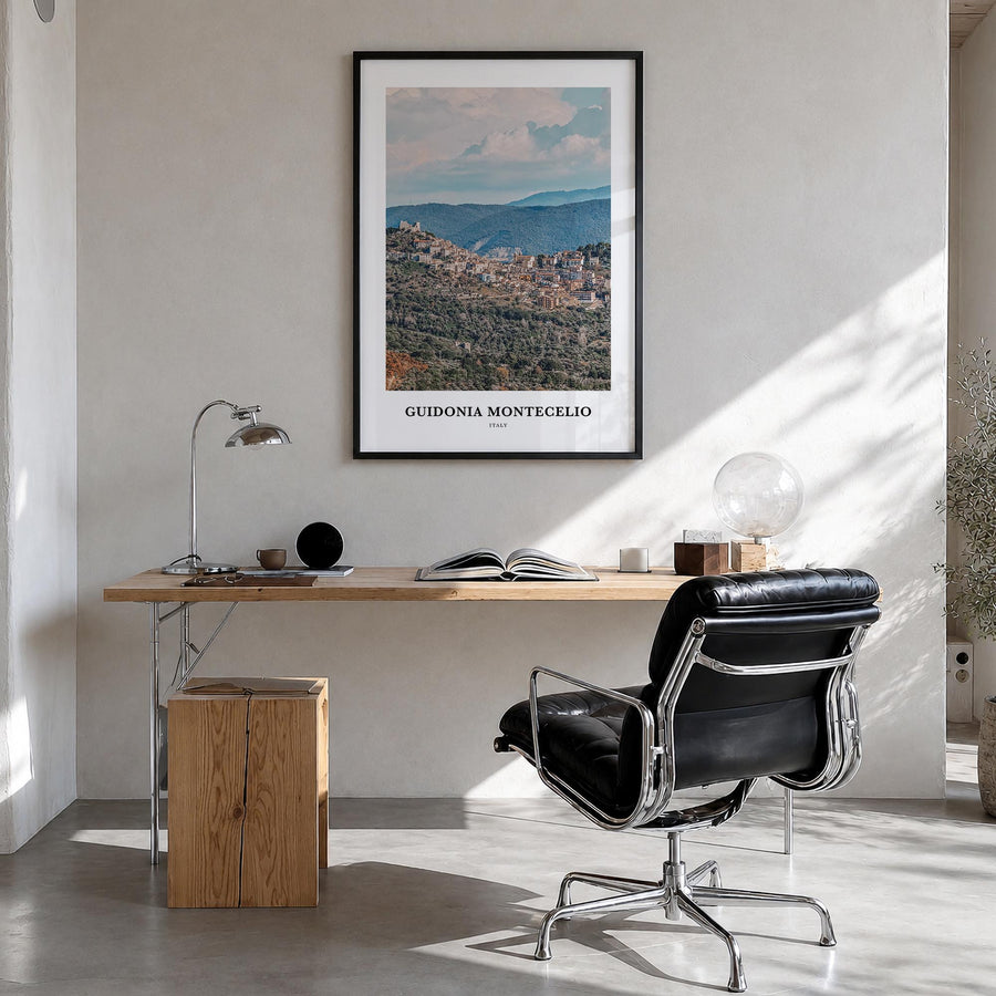 Guidonia Montecelio colorful classic poster of Italy – vertical wall art in black wood frame, hanging on wall