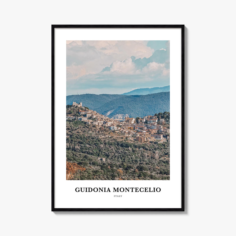 Guidonia Montecelio colorful classic poster of Italy – vertical wall art, unframed print shown in interior mockup