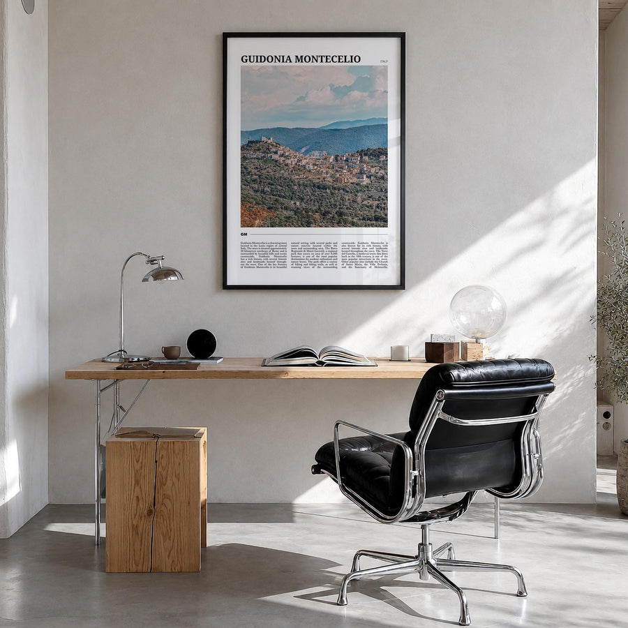 Guidonia Montecelio colorful travel poster of Italy – vertical wall art in black wood frame, hanging on wall