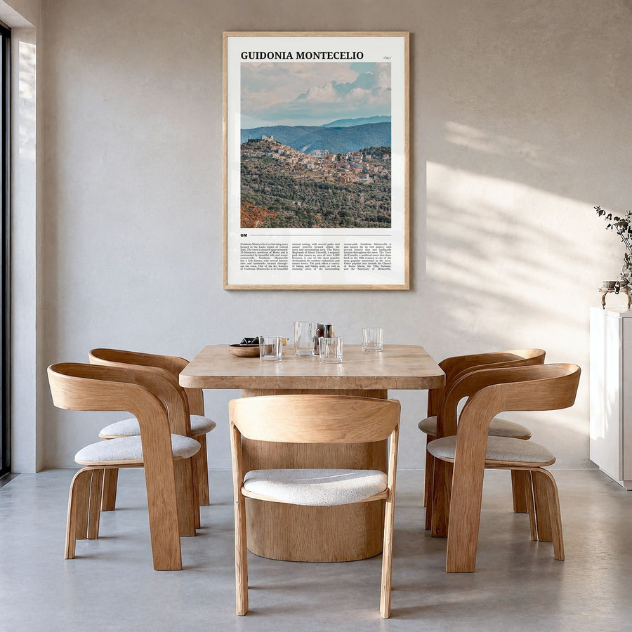 Guidonia Montecelio Travel Poster in a natural wood frame, hanging in a dining room