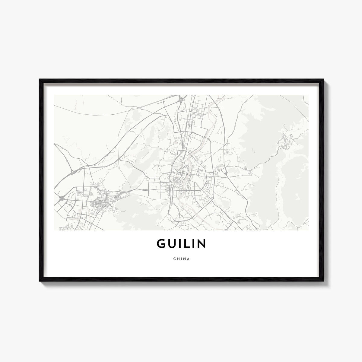 Guilin black & white map poster of China – horizontal wall art, unframed print shown in interior mockup