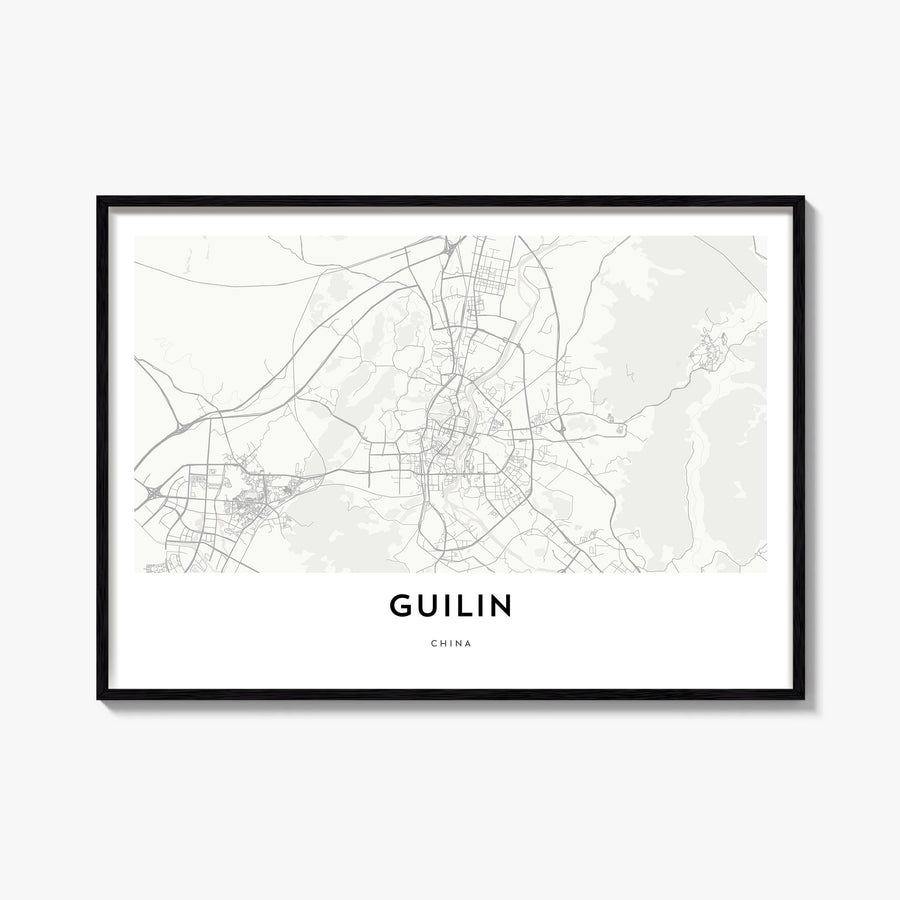 Guilin black & white map poster of China – horizontal wall art, unframed print shown in interior mockup