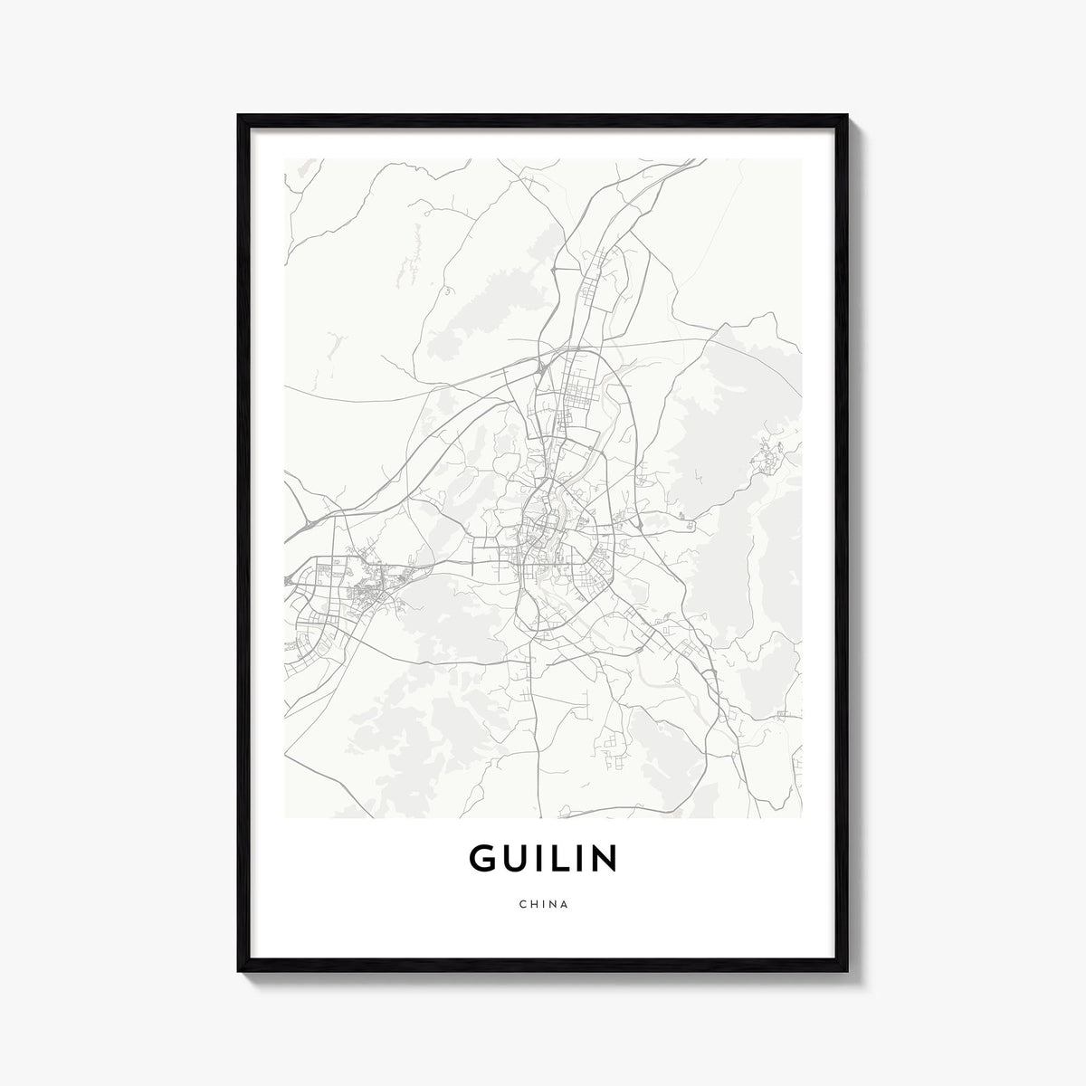 Guilin black & white map poster of China – vertical wall art, unframed print shown in interior mockup