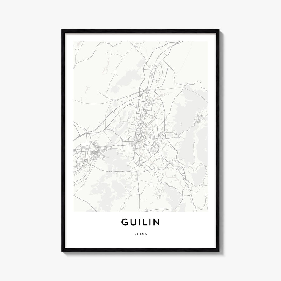 Guilin black & white map poster of China – vertical wall art, unframed print shown in interior mockup