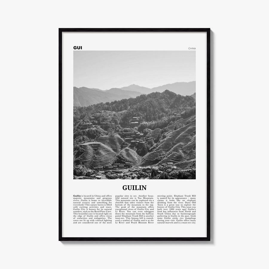 Guilin black & white newspaper poster of China – vertical wall art, unframed print shown in interior mockup