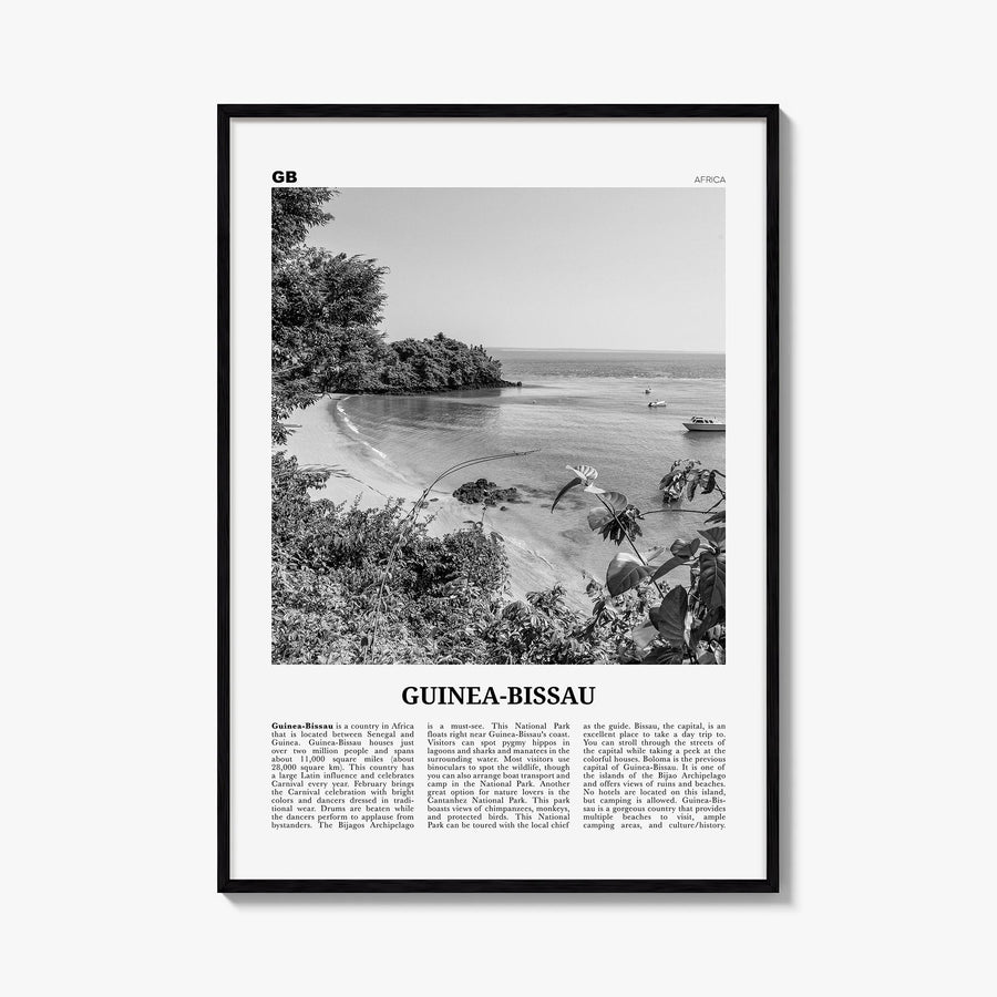 Guinea-Bissau black & white newspaper poster of Africa – vertical wall art, unframed print shown in interior mockup
