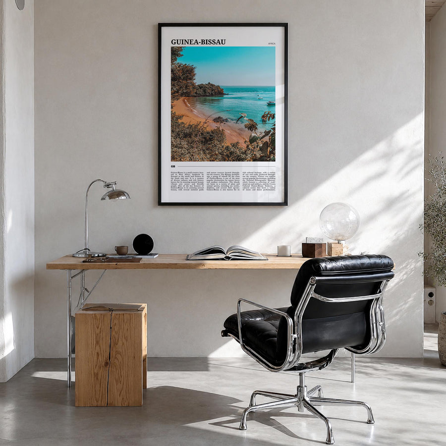 Guinea-Bissau colorful travel poster of Africa – vertical wall art in black wood frame, hanging on wall