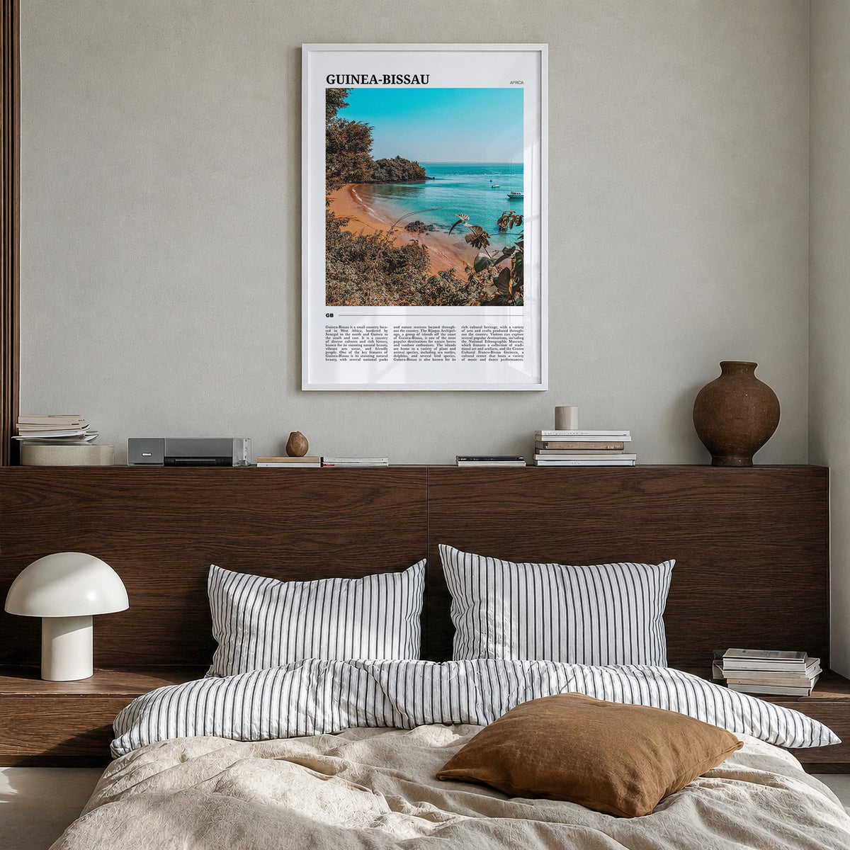Guinea-Bissau colorful travel poster of Africa – vertical wall art in white wood frame, hanging on wall