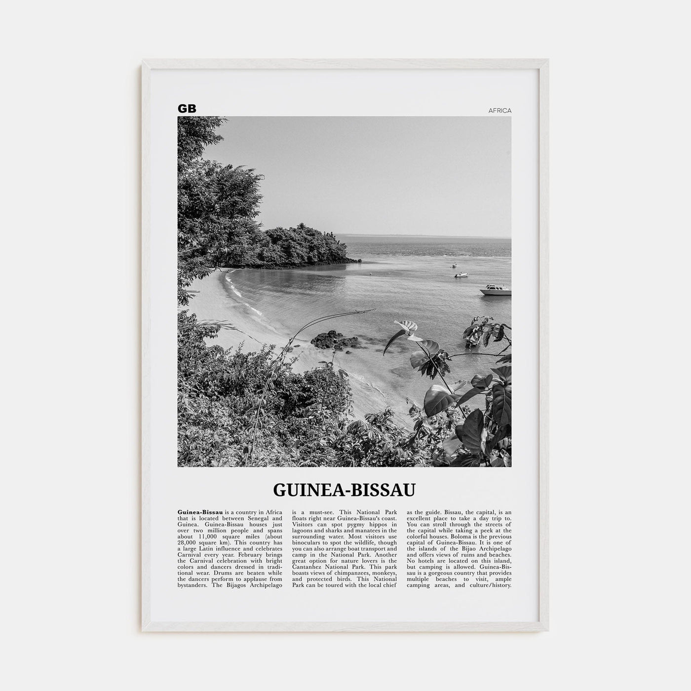 Guinea-Bissau Poster White Wood / 8x12 in Nbourhood Travel B&W Poster