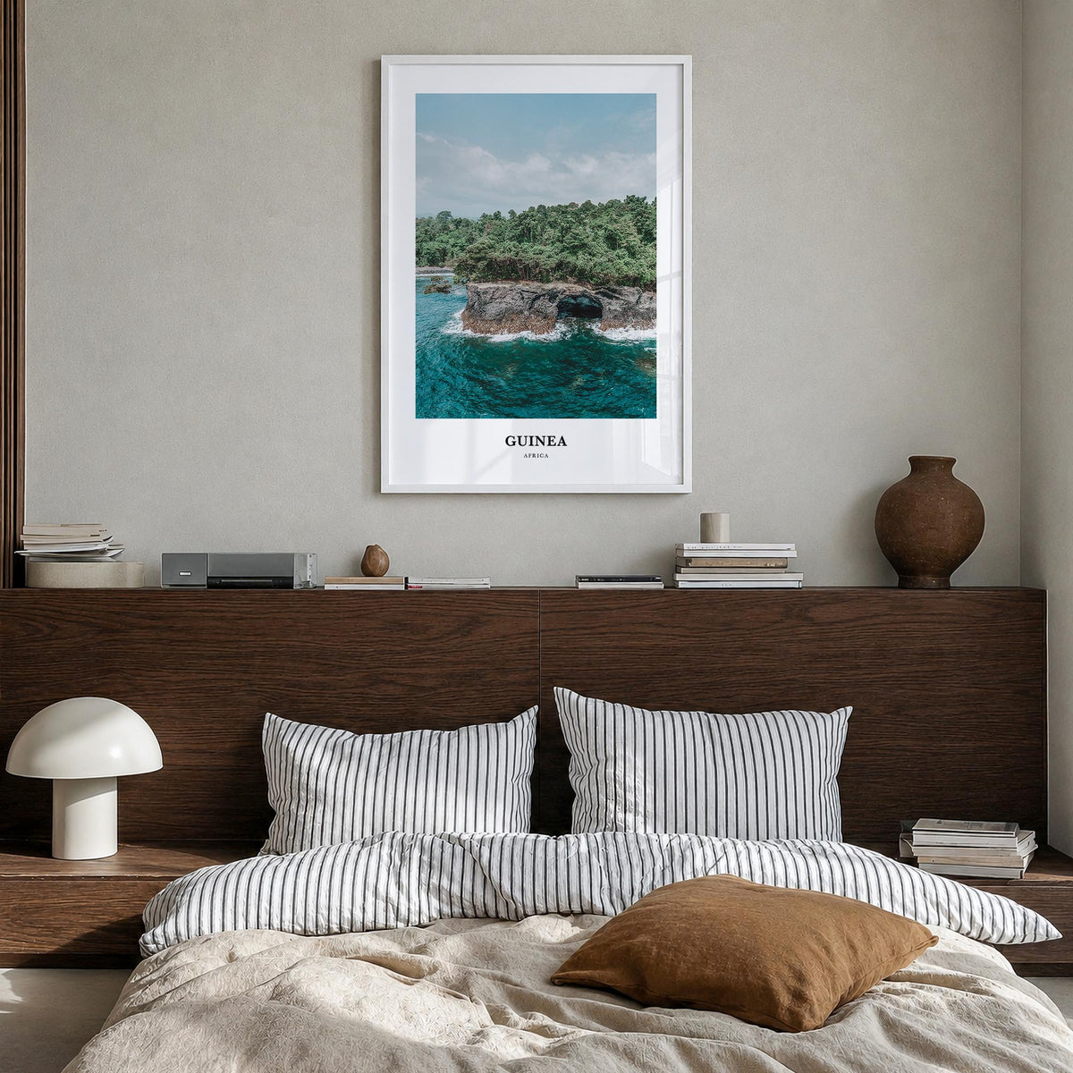 Guinea no. 1 colorful classic poster of Africa – vertical wall art in white wood frame, hanging on wall