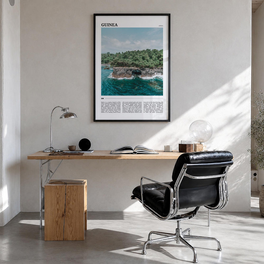 Guinea no. 1 colorful travel poster of Africa – vertical wall art in black wood frame, hanging on wall