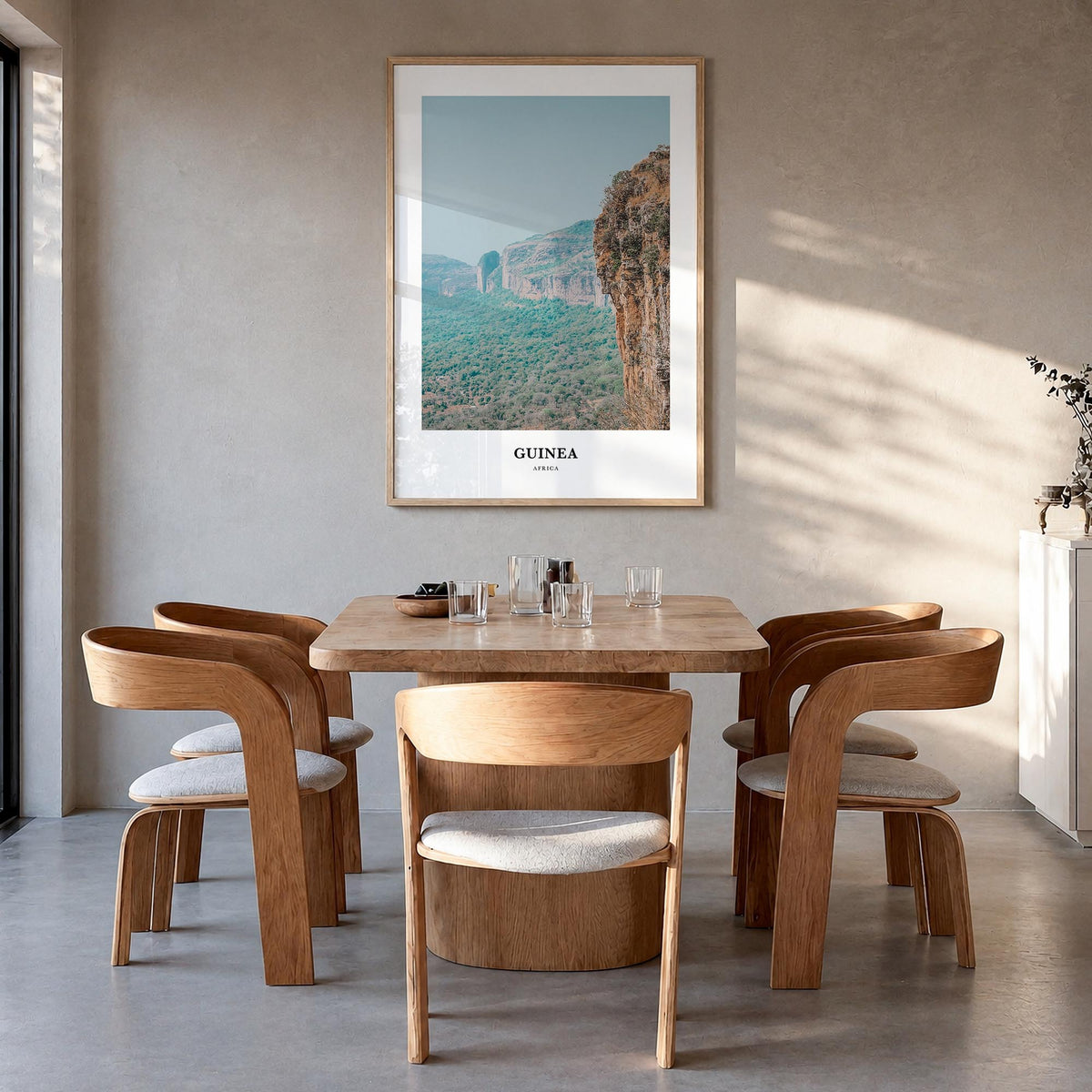 Guinea no. 2 colorful classic poster of Africa – vertical wall art in natural wood frame, hanging on wall
