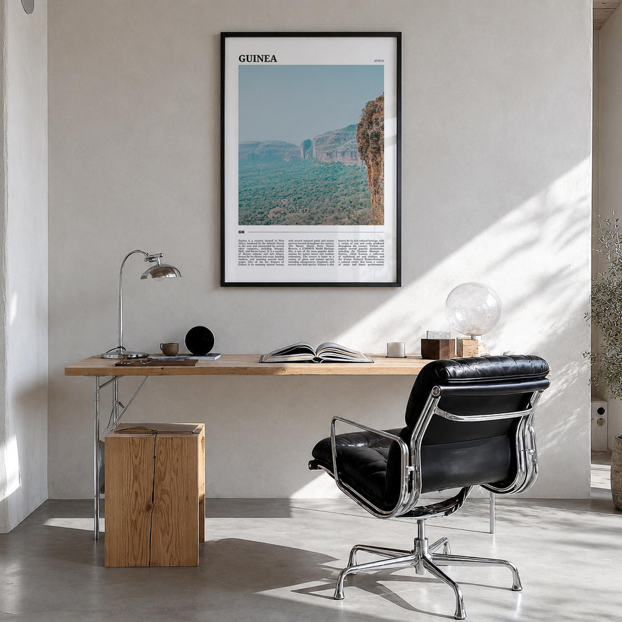 Guinea no. 2 colorful travel poster of Africa – vertical wall art in black wood frame, hanging on wall