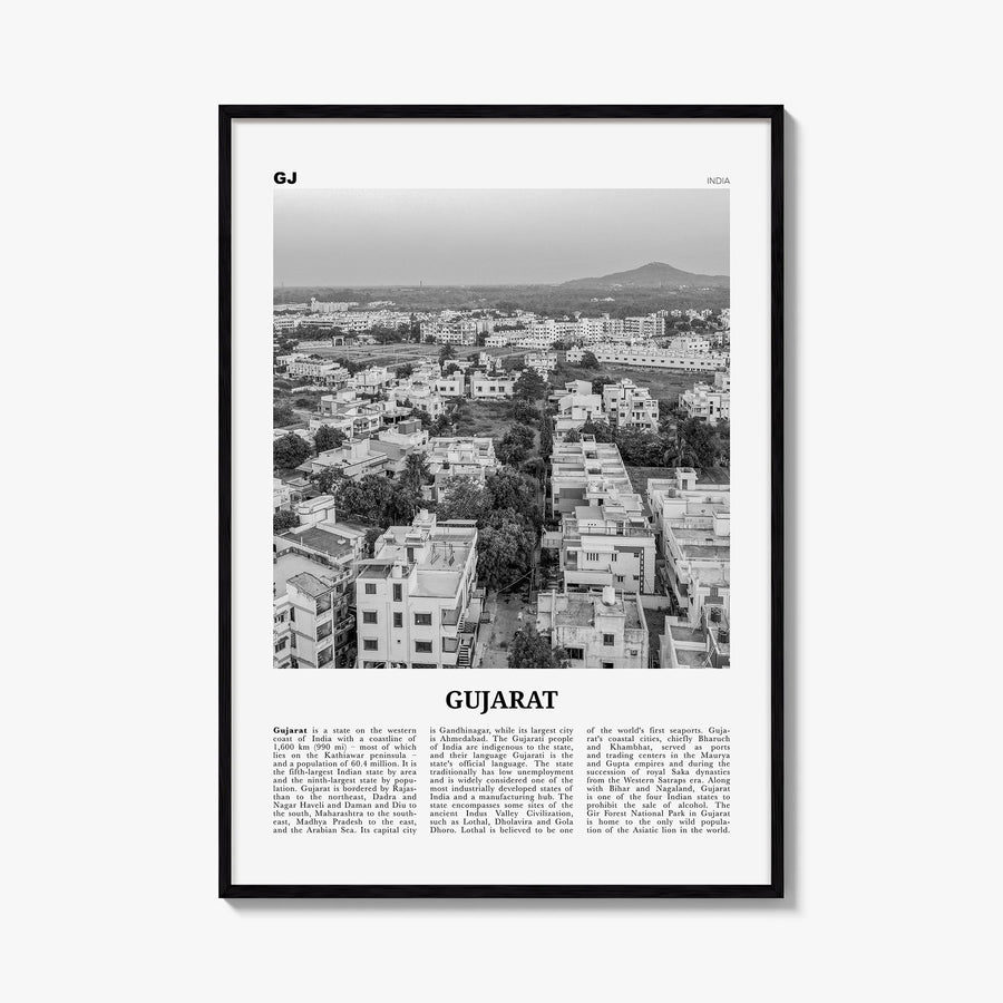 Gujarat black & white newspaper poster of India – vertical wall art, unframed print shown in interior mockup