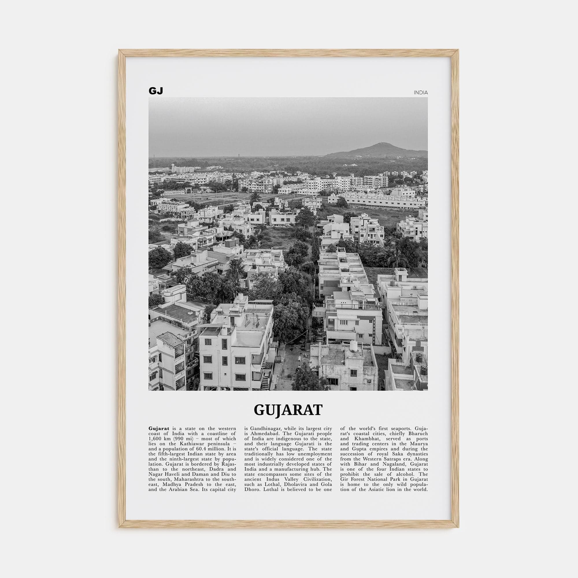 Gujarat Poster Natural Wood / 8x12 in Nbourhood Travel B&W Poster