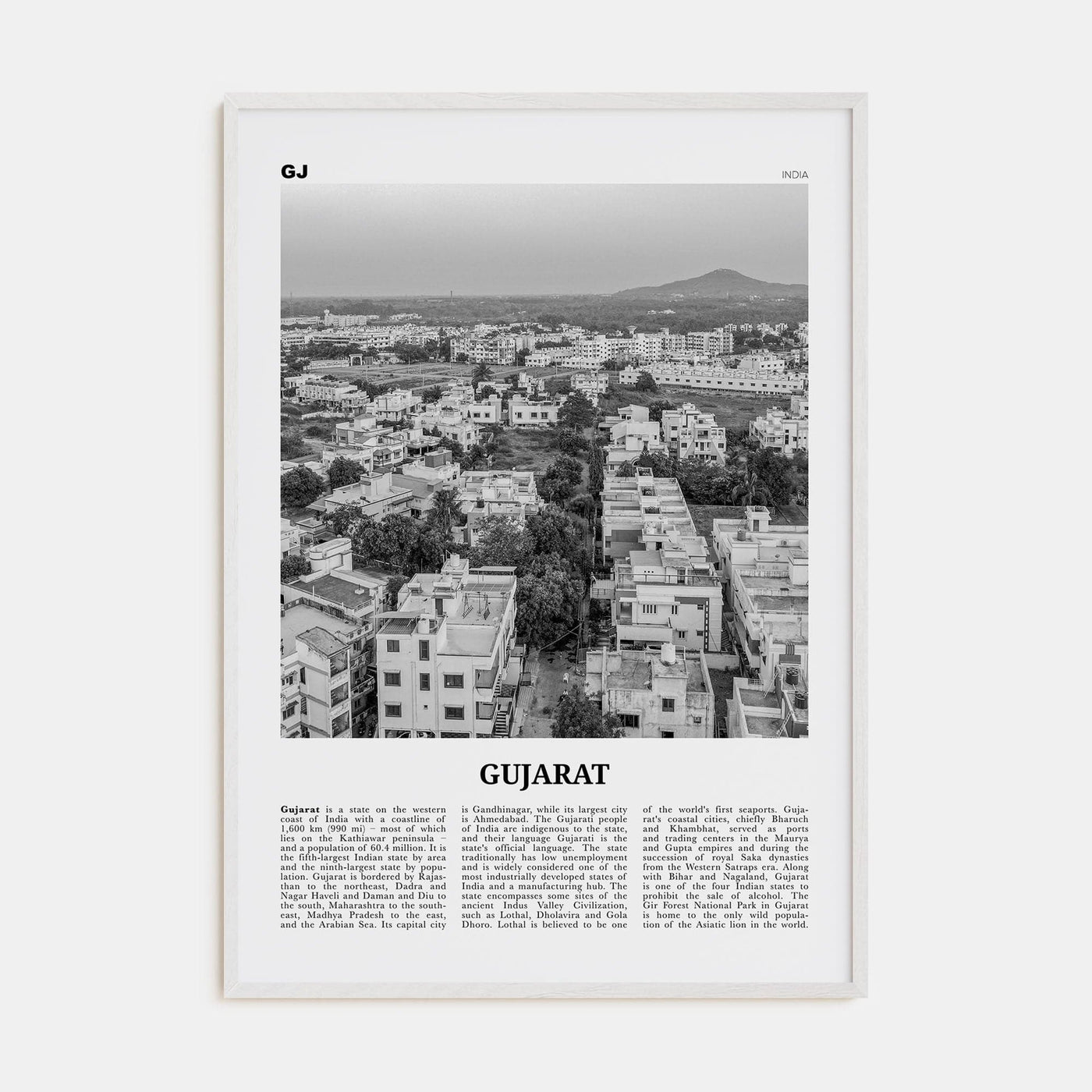 Gujarat Poster White Wood / 8x12 in Nbourhood Travel B&W Poster