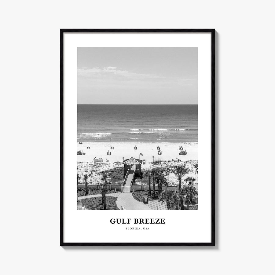 Gulf Breeze black & white classic poster of Florida, USA – vertical wall art, unframed print shown in interior mockup