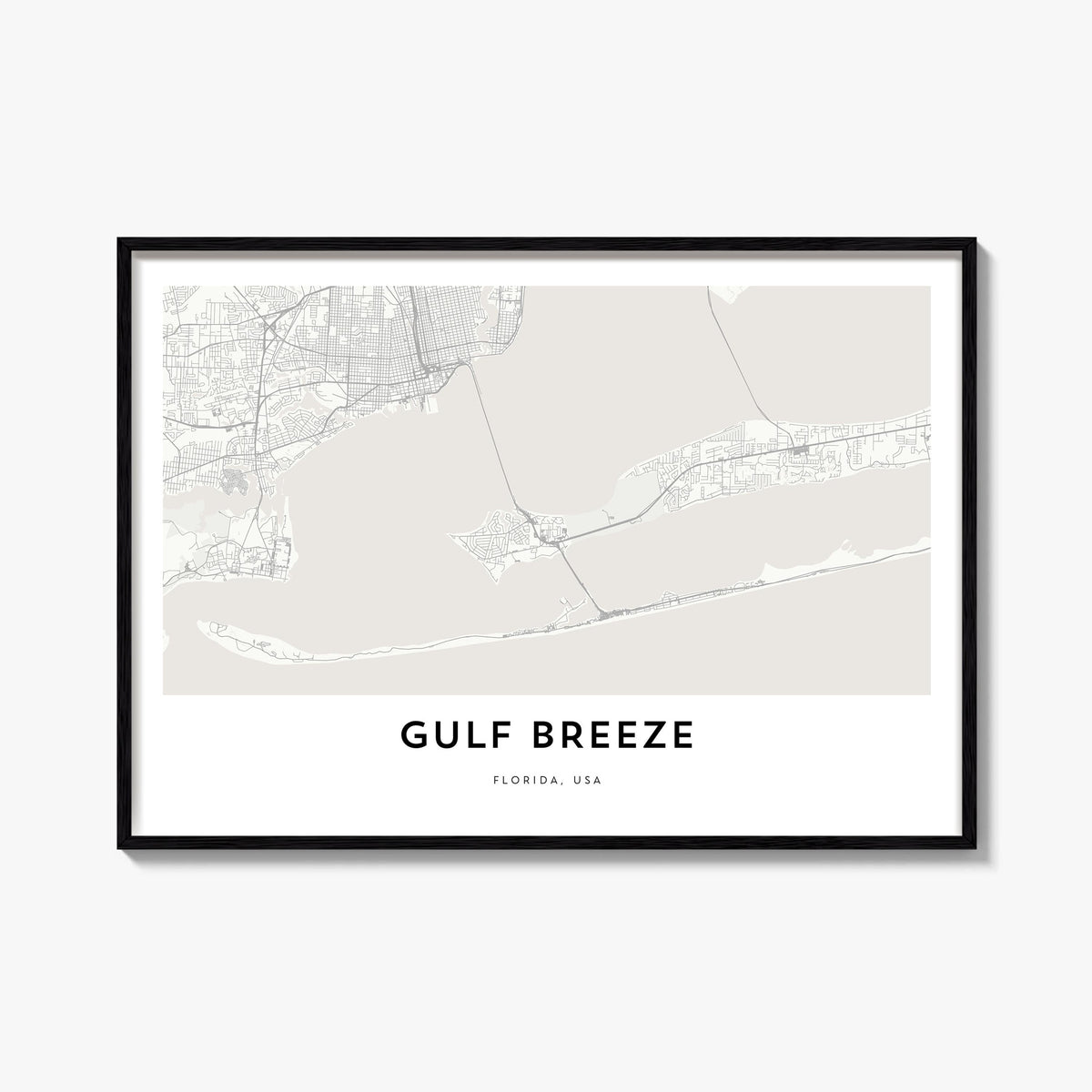 Gulf Breeze black & white map poster of Florida, USA – horizontal wall art, unframed print shown in interior mockup