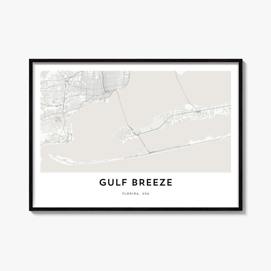 Gulf Breeze black & white map poster of Florida, USA – horizontal wall art, unframed print shown in interior mockup