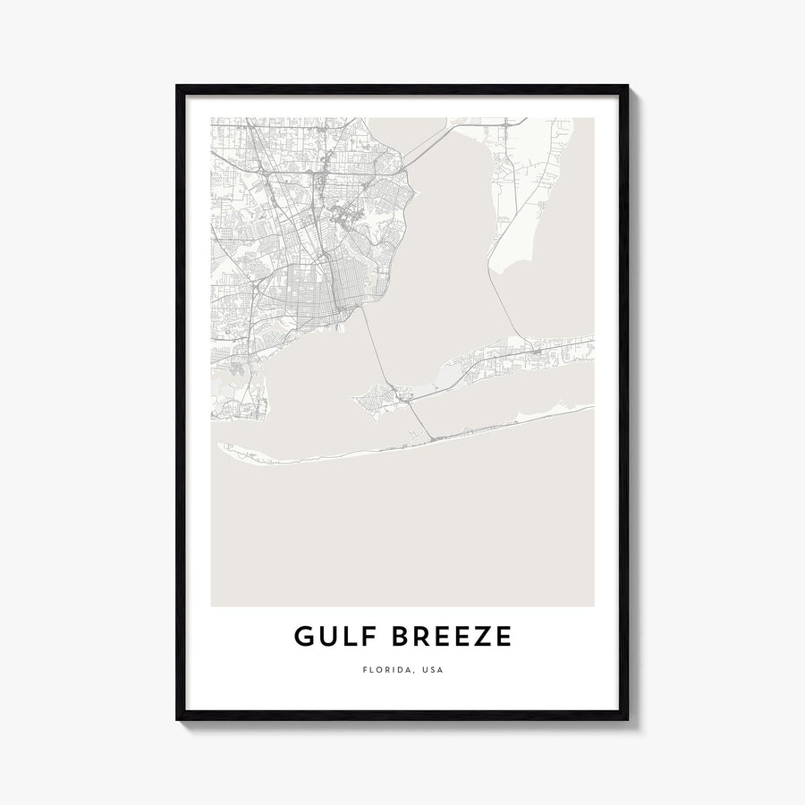 Gulf Breeze black & white map poster of Florida, USA – vertical wall art, unframed print shown in interior mockup
