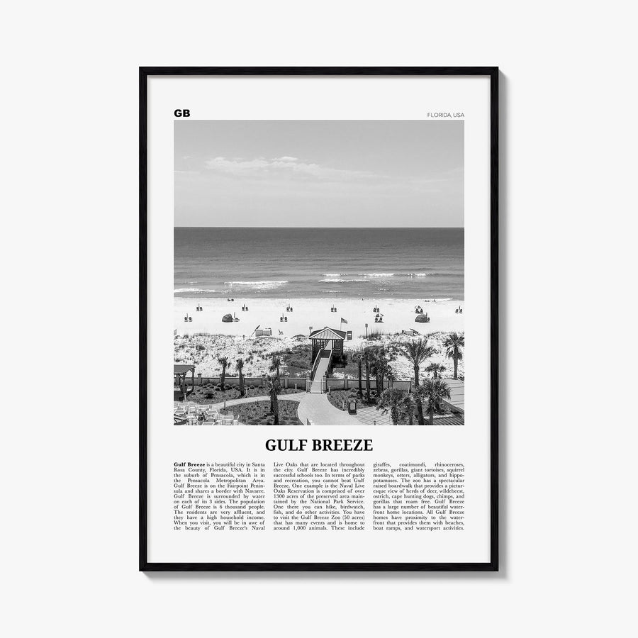 Gulf Breeze black & white newspaper poster of Florida, USA – vertical wall art, unframed print shown in interior mockup