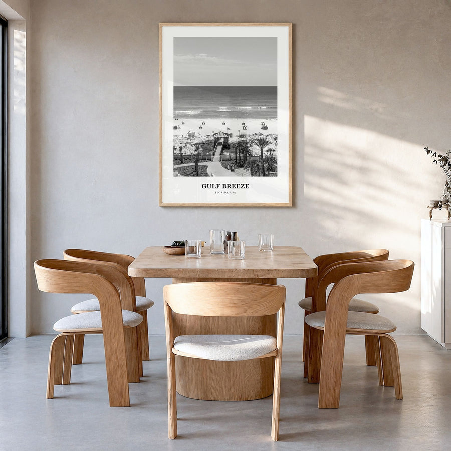Gulf Breeze Classic Poster in a natural wood frame, hanging in a dining room
