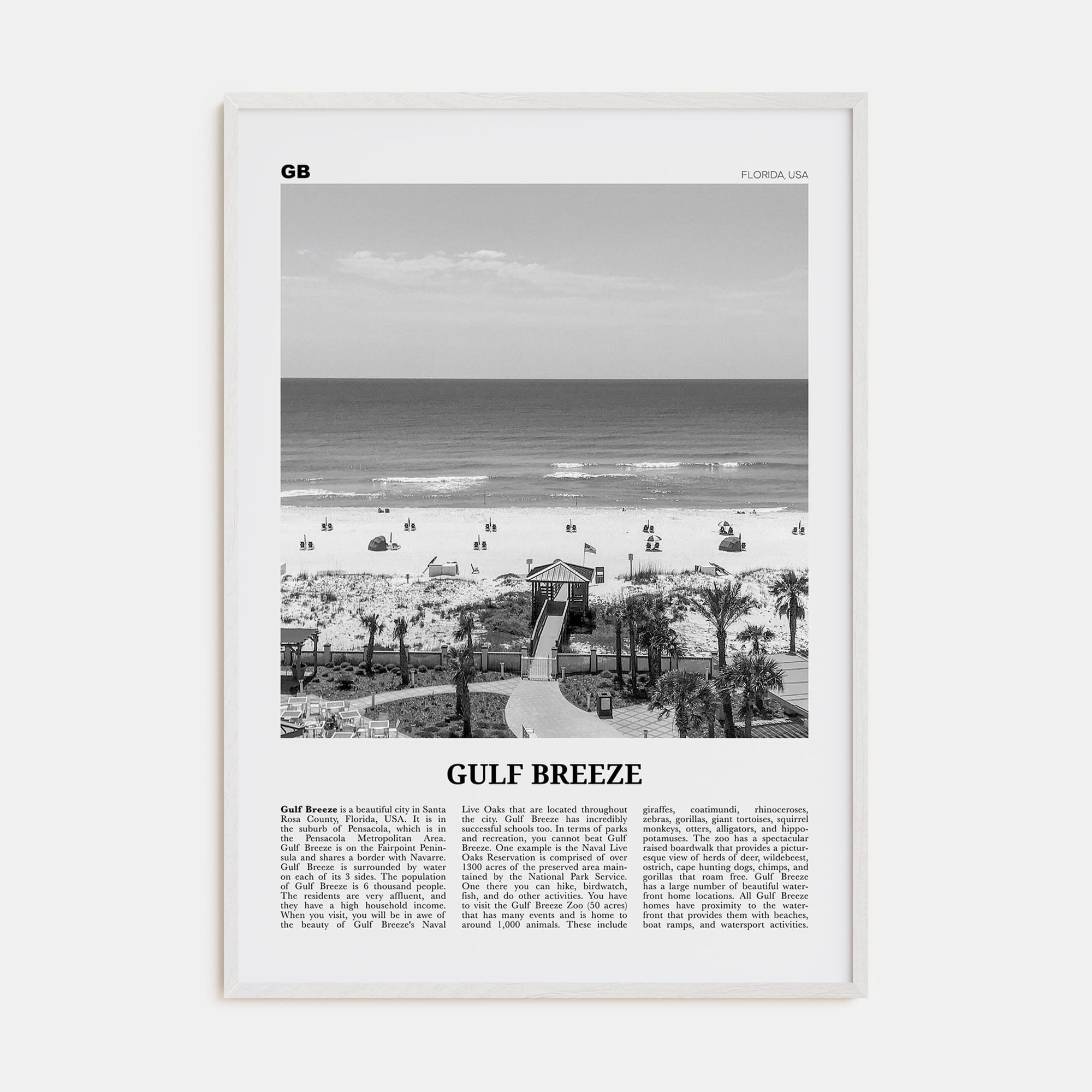 Gulf Breeze Poster White Wood / 8x12 in Nbourhood Travel B&W Poster