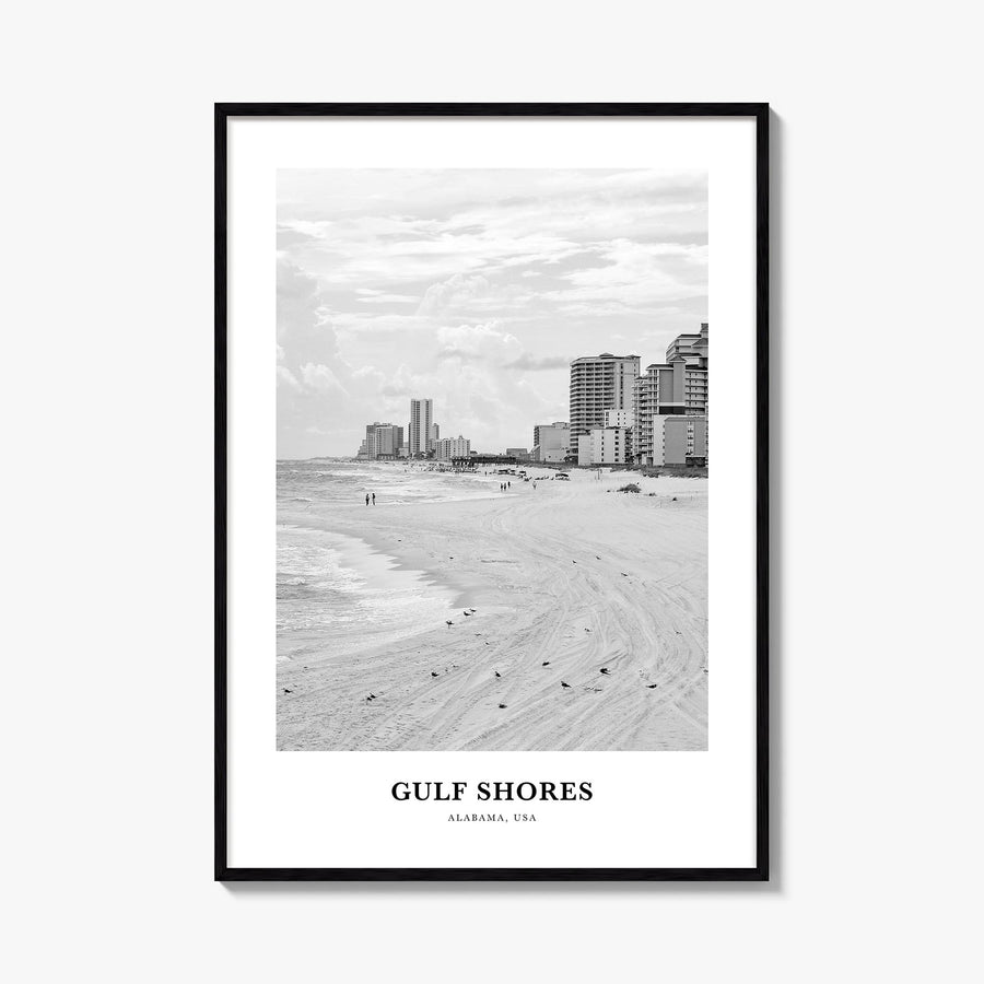 Gulf Shores black & white classic poster of Alabama, USA – vertical wall art, unframed print shown in interior mockup