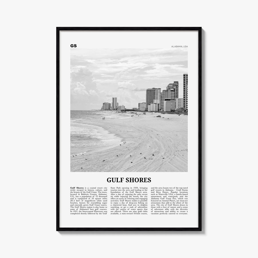 Gulf Shores black & white newspaper poster of Alabama, USA – vertical wall art, unframed print shown in interior mockup