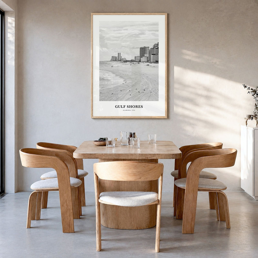 Gulf Shores Classic Poster in a natural wood frame, hanging in a dining room