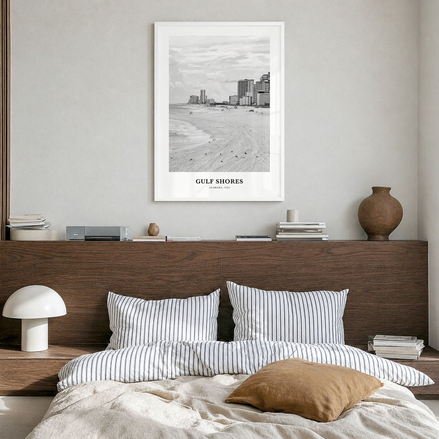 Gulf Shores Classic Poster in a white wood frame, hanging in a bedroom