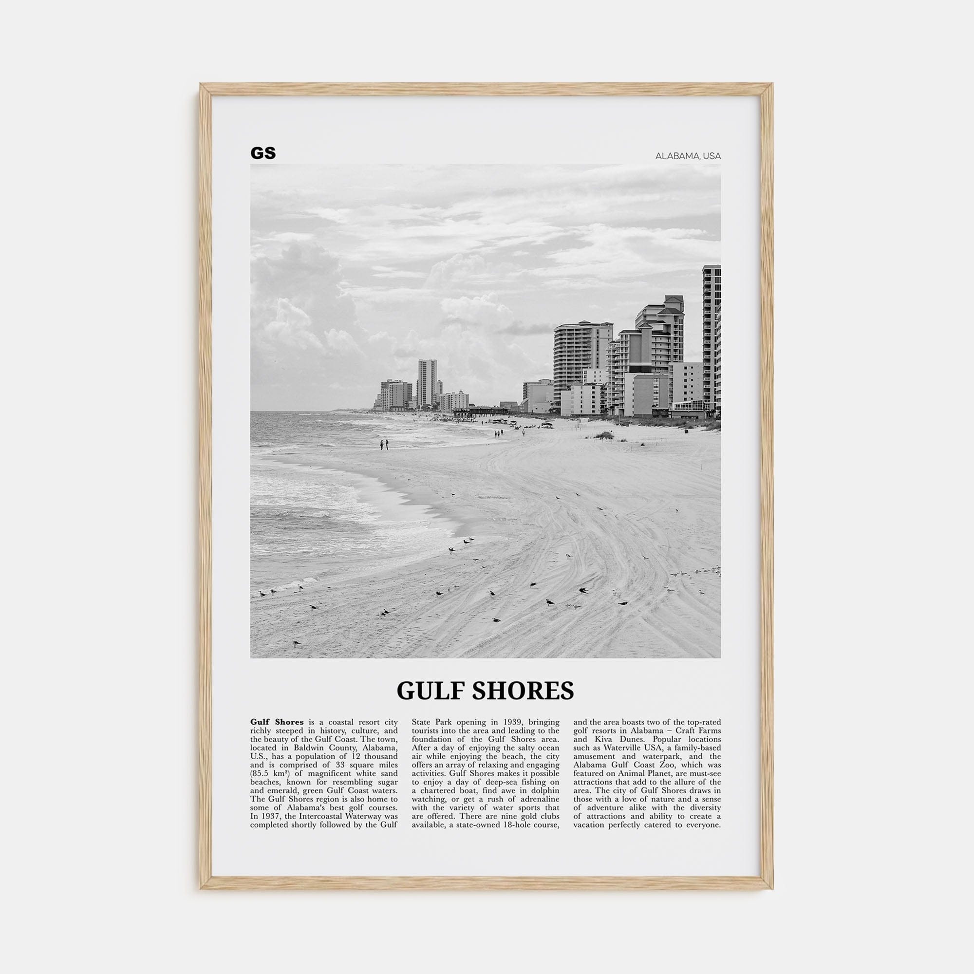 Gulf Shores Poster Natural Wood / 8x12 in Nbourhood Travel B&W Poster