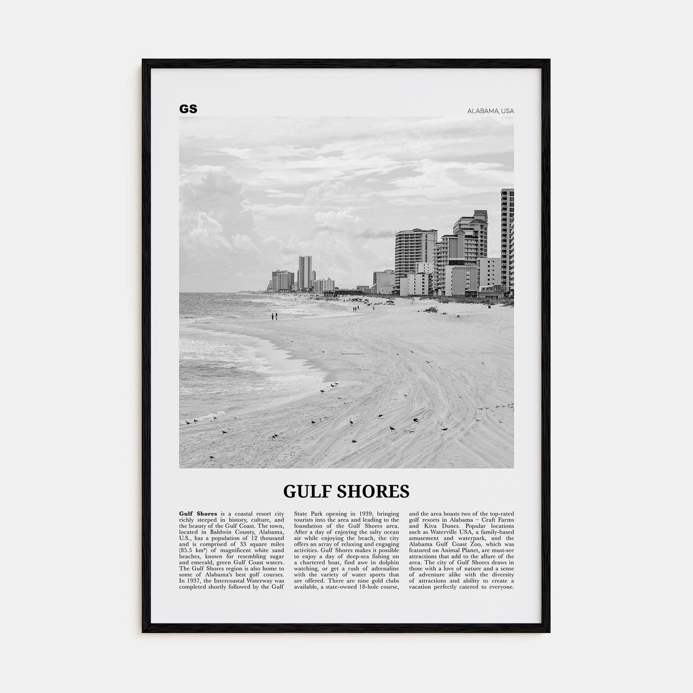 Gulf Shores Poster Black Wood / 8x12 in Nbourhood Travel B&W Poster